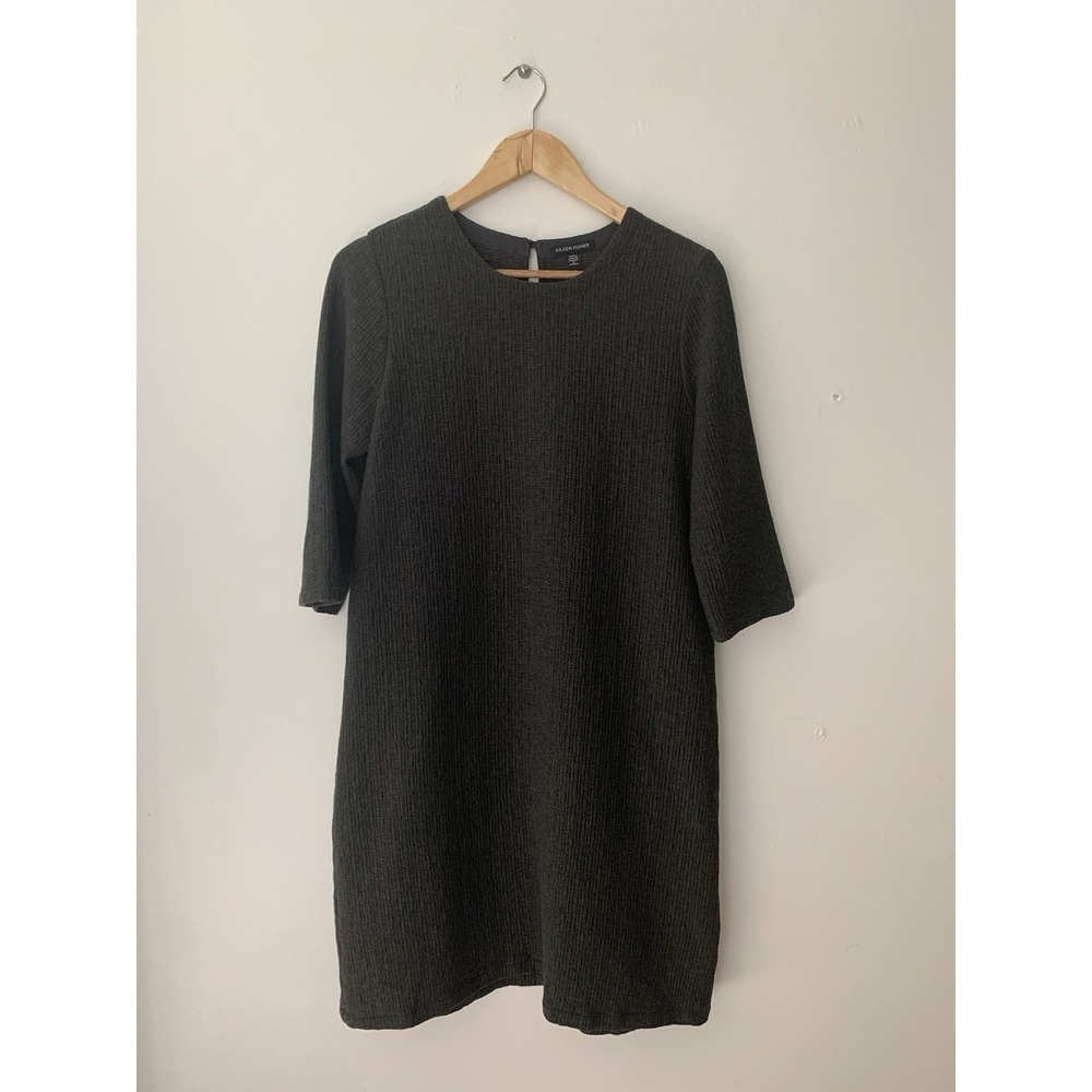 Eileen Fisher Textured Cotton Ripple Dress Sz S Grey Round Neck 3/4 Sleeves